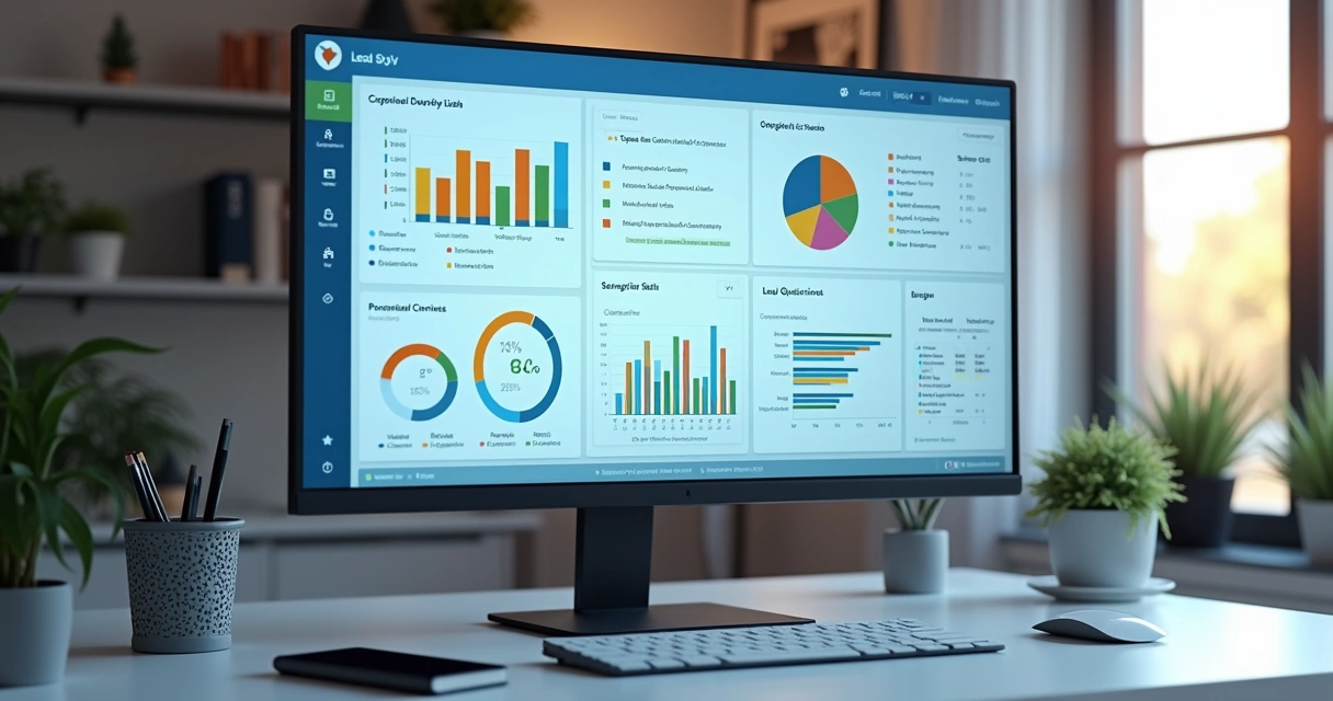 Dashboard de plataforma SaaS exibindo análise detalhada de leads B2B com gráficos, listas e indicadores de qualificação em tela de computador