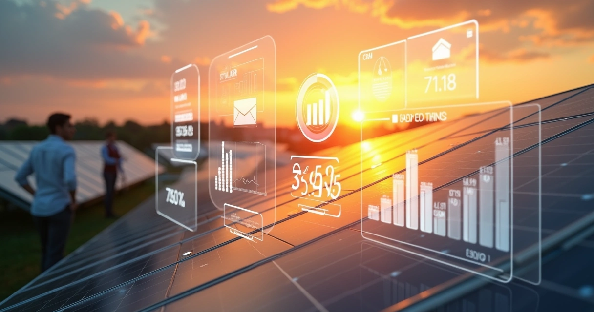 Painel solar ao amanhecer com gráficos e dados de prospecção digital sobrepostos