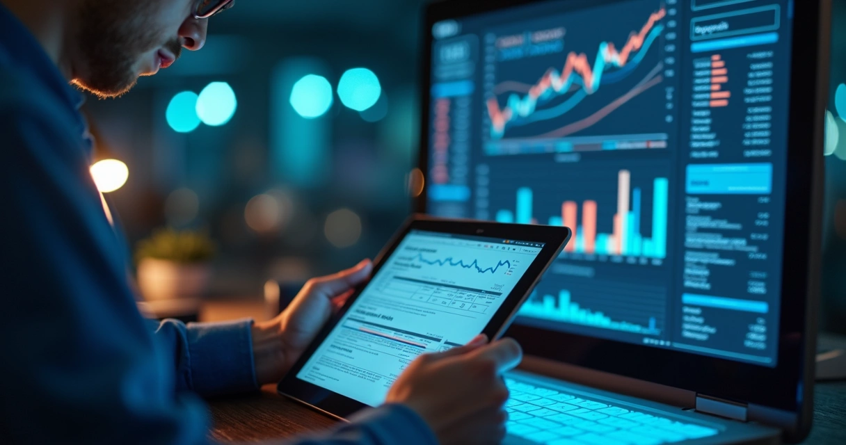 Profissional analisando dados digitais em telas com gráficos e listas de contatos para prospecção B2B