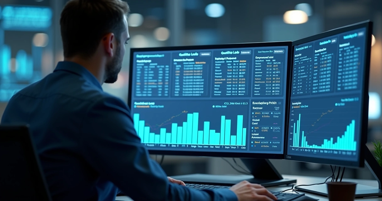 Profissional usando computador com gráficos de leads qualificados e dados de telecom mostrando segmentação e contatos