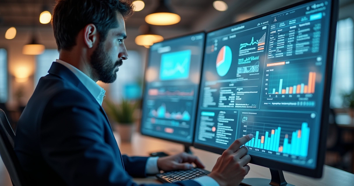 Profissional analisando dados de leads em múltiplas telas digitais com gráficos, contatos e sinais de qualificação