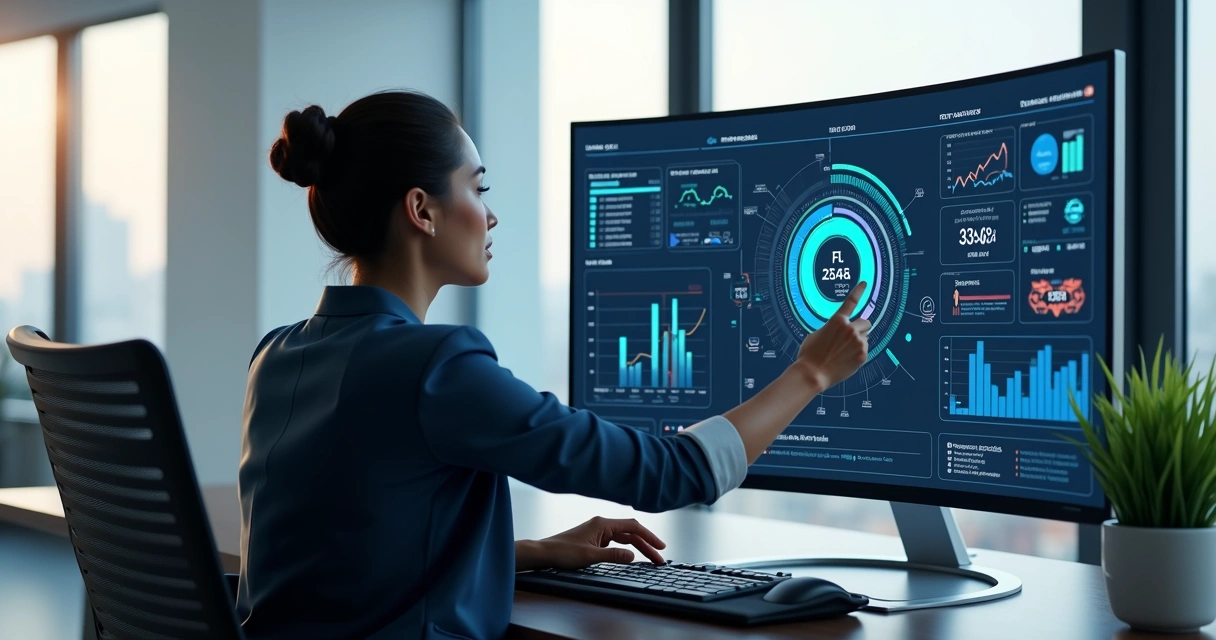 Profissional analisando dados de leads B2B em tela com gráficos e inteligência artificial