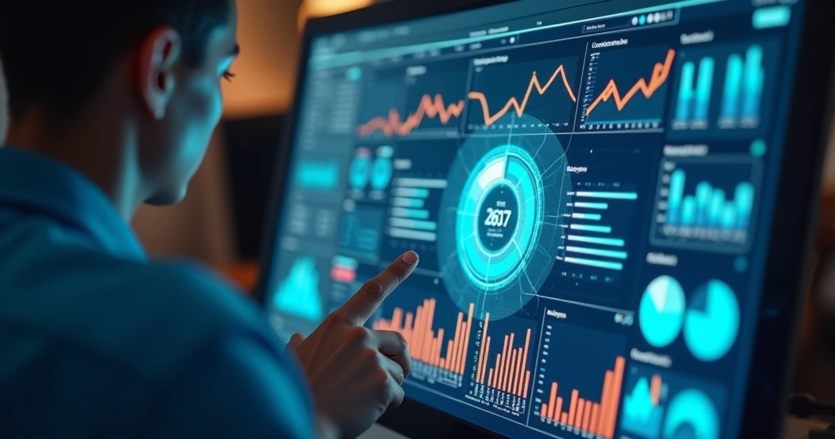Profissional analisando dados e contatos em múltiplas telas digitais para campanha de marketing B2B personalizada