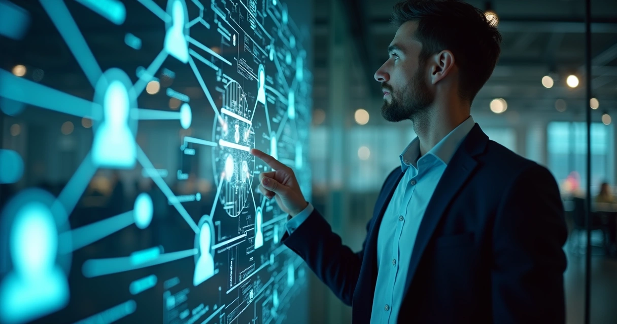 Profissional de marketing analisando dados de contatos em tela digital com gráficos e conexão de rede ao fundo