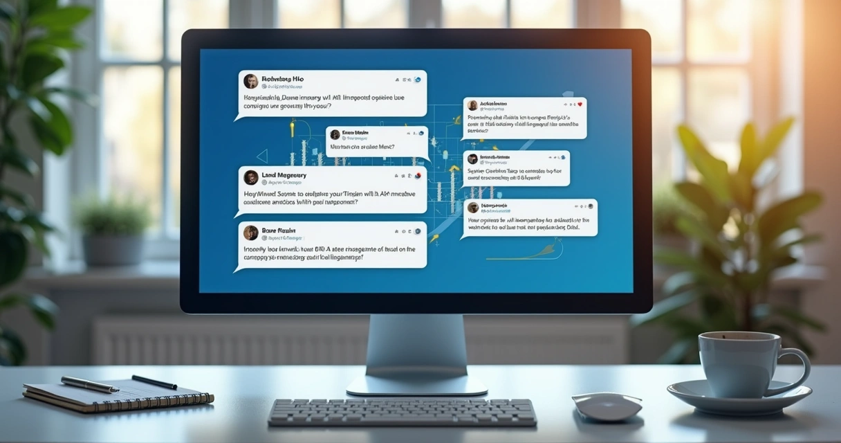 Tela de computador mostrando mensagens personalizadas de prospecção no LinkedIn, com interface moderna de rede social e gráficos sutis ao fundo