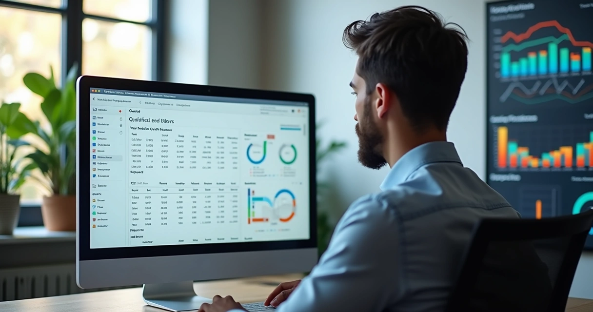 Profissional analisando dados de leads qualificados em tela de computador com gráficos e listas segmentadas