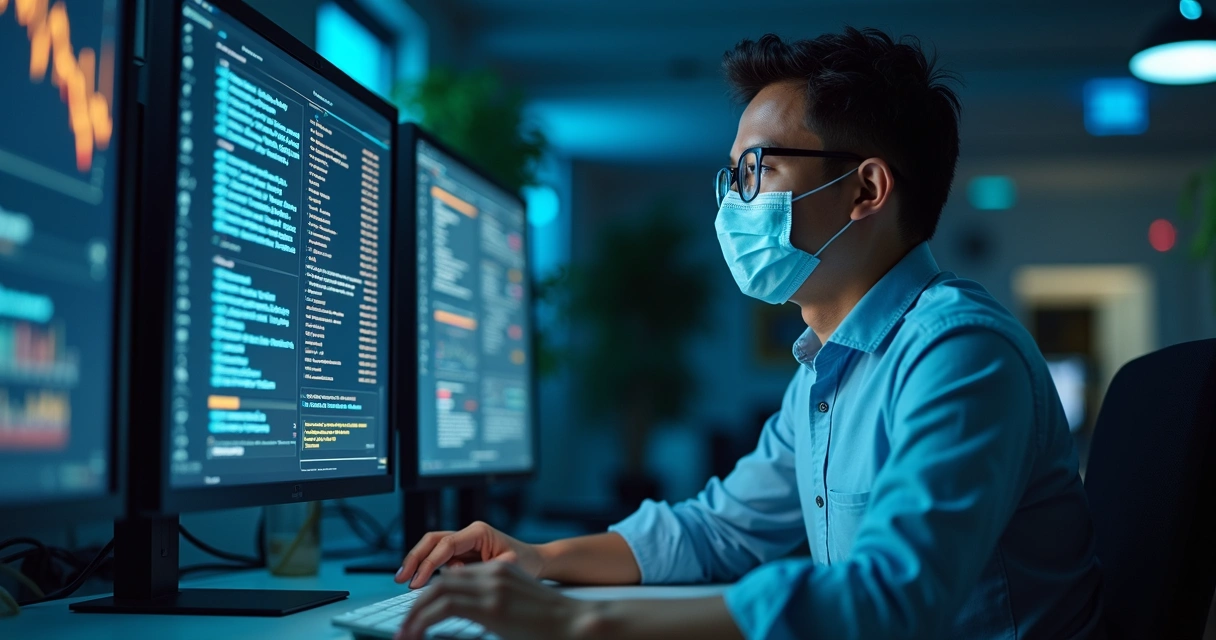 Profissional analisando listas de leads qualificados em múltiplas telas de computador em ambiente de escritório moderno
