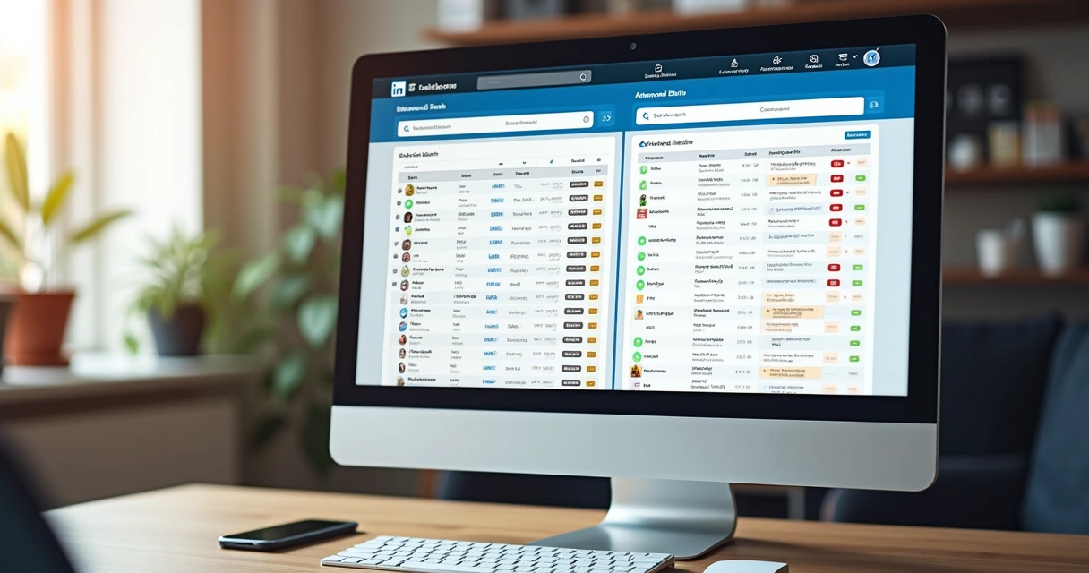 Tela de computador mostrando comparação entre busca básica e avançada no LinkedIn com filtros e resultados de contatos