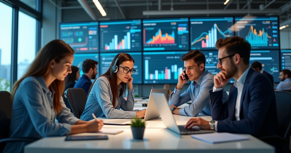 Equipe de vendas B2B usando múltiplos canais digitais para prospecção conectada