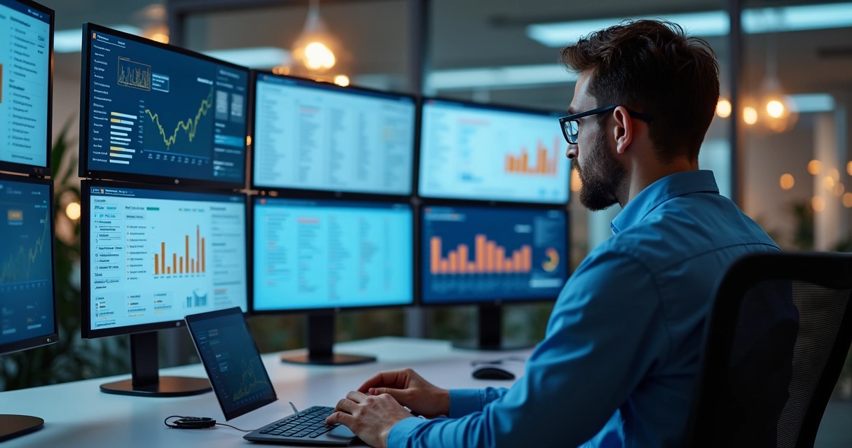 Profissional de vendas utilizando múltiplas telas com gráficos e listas de leads em escritório moderno