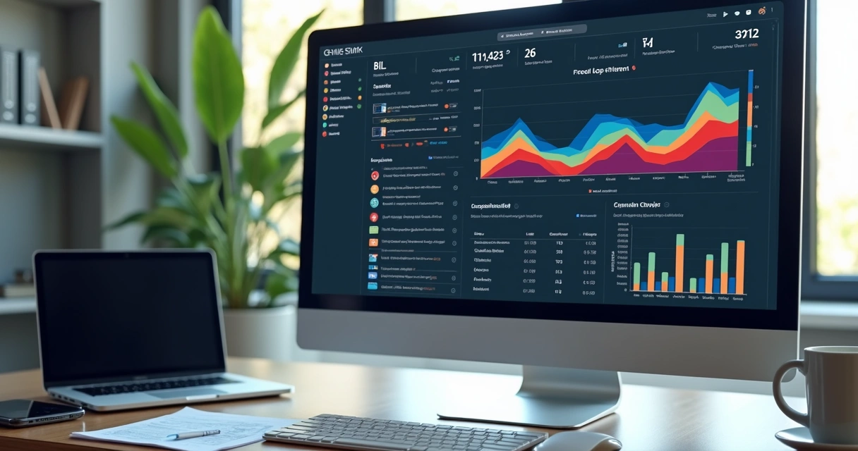 Painel de computador exibindo monitoramento em tempo real de visitantes do site com mapas de calor e dados de empresas