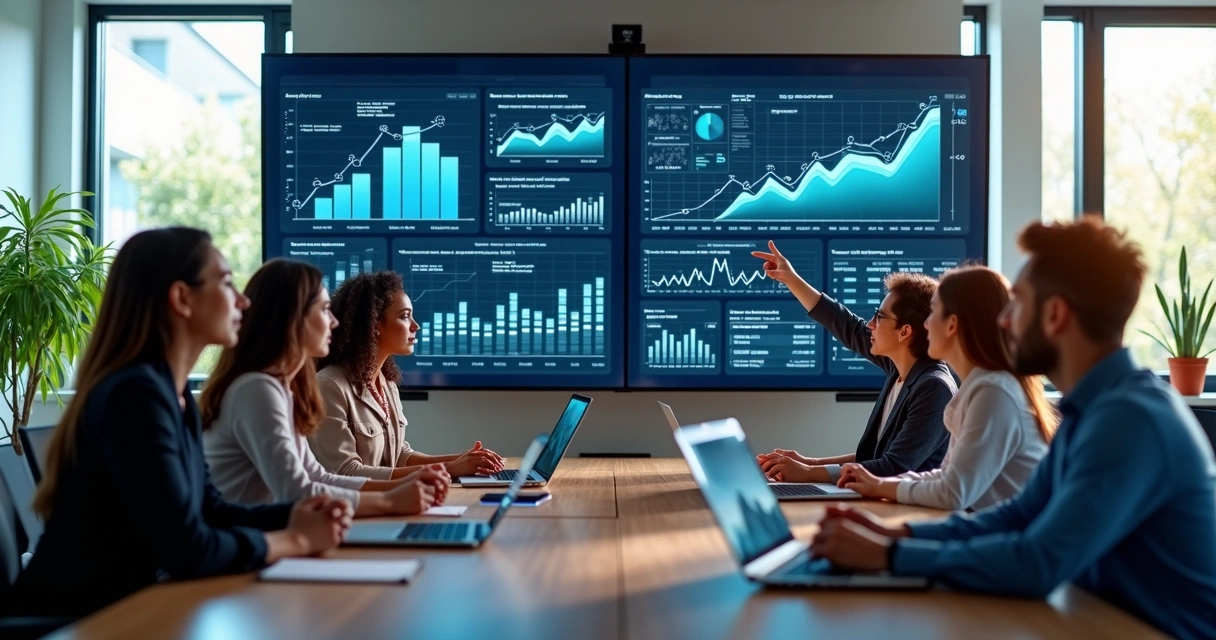 Equipe em reunião analisando gráficos de desempenho em tela digital