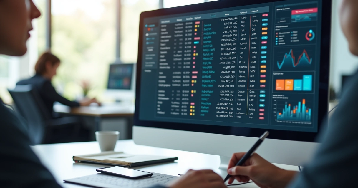 Pessoa analisando lista de contatos numa tela de computador com gráficos e dados organizados