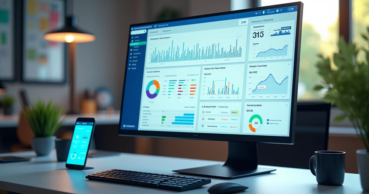 Tela de computador mostrando software de inteligência de vendas com gráficos de chamadas, transcrições e análise de desempenho