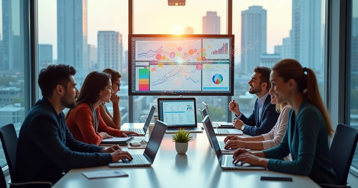 Equipe de vendas reunida ao redor de uma mesa com laptops e gráficos digitais exibindo dados e métricas de prospecção e enriquecimento de dados