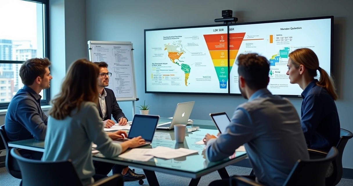 Equipe de pré-vendas em reunião, discutindo estratégias com gráficos de funil de vendas em tela digital