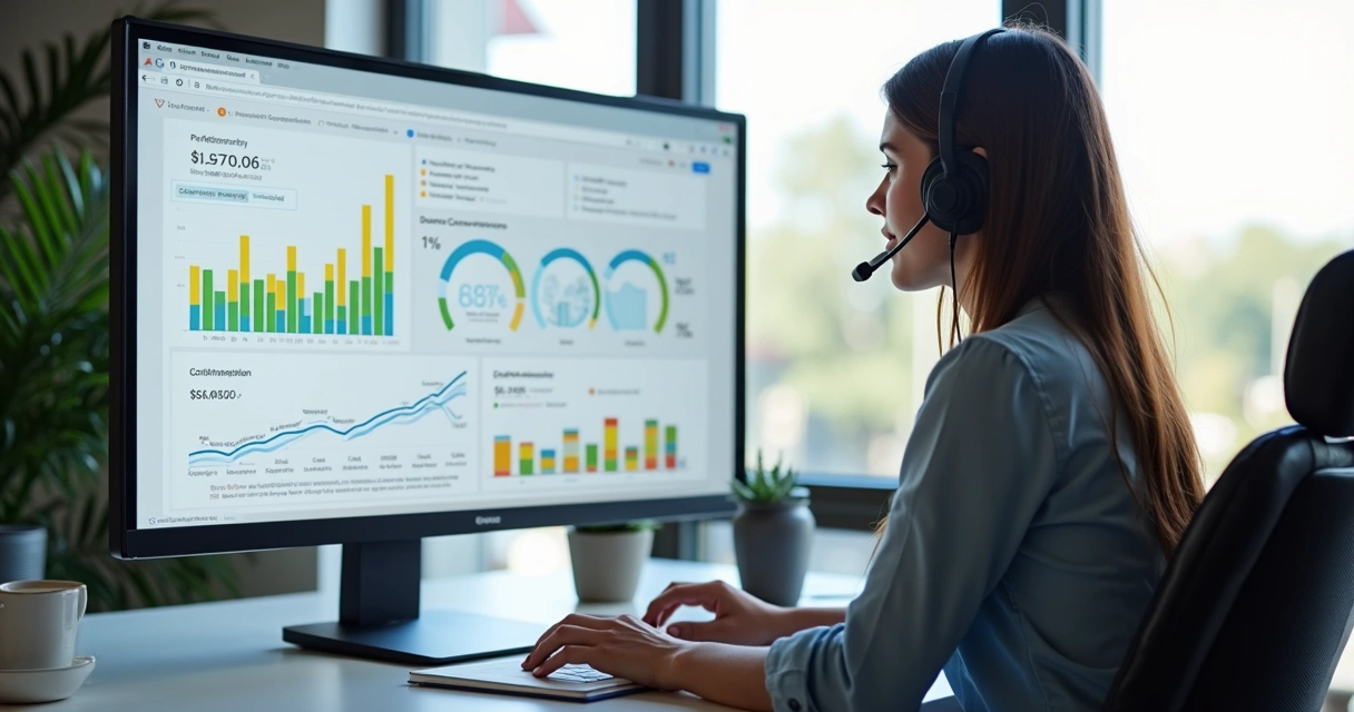 Vendedor atendendo ligação em escritório moderno com tela de computador mostrando gráficos de performance de vendas