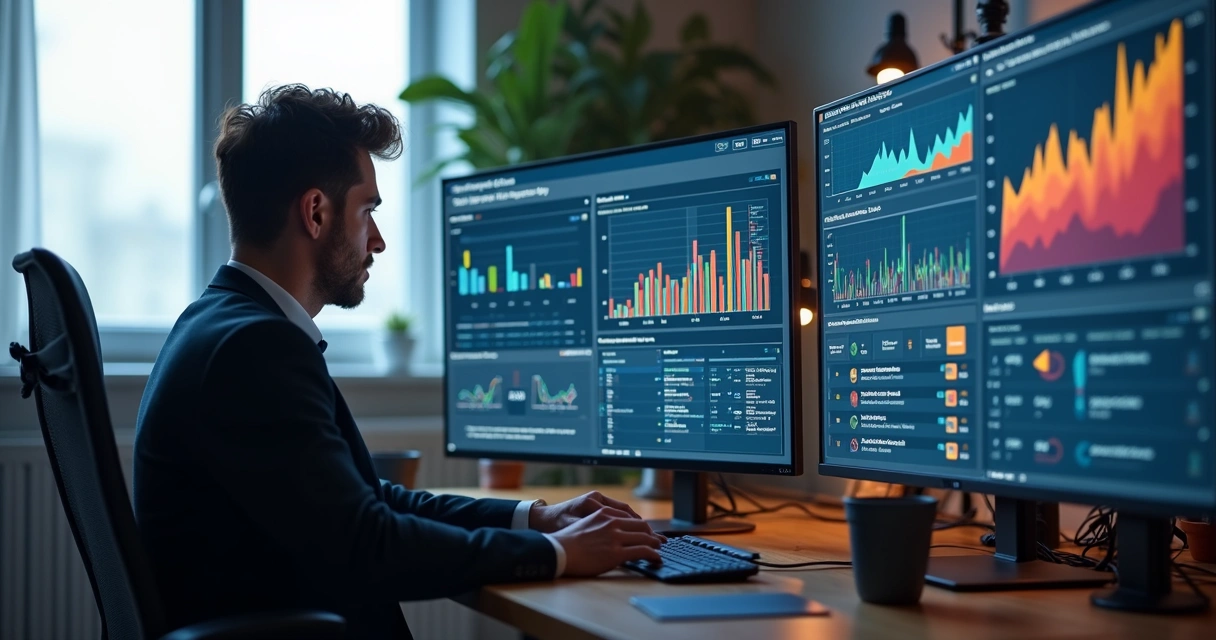 Analista de dados analisando gráficos de tráfego e conversão em múltiplas telas digitais