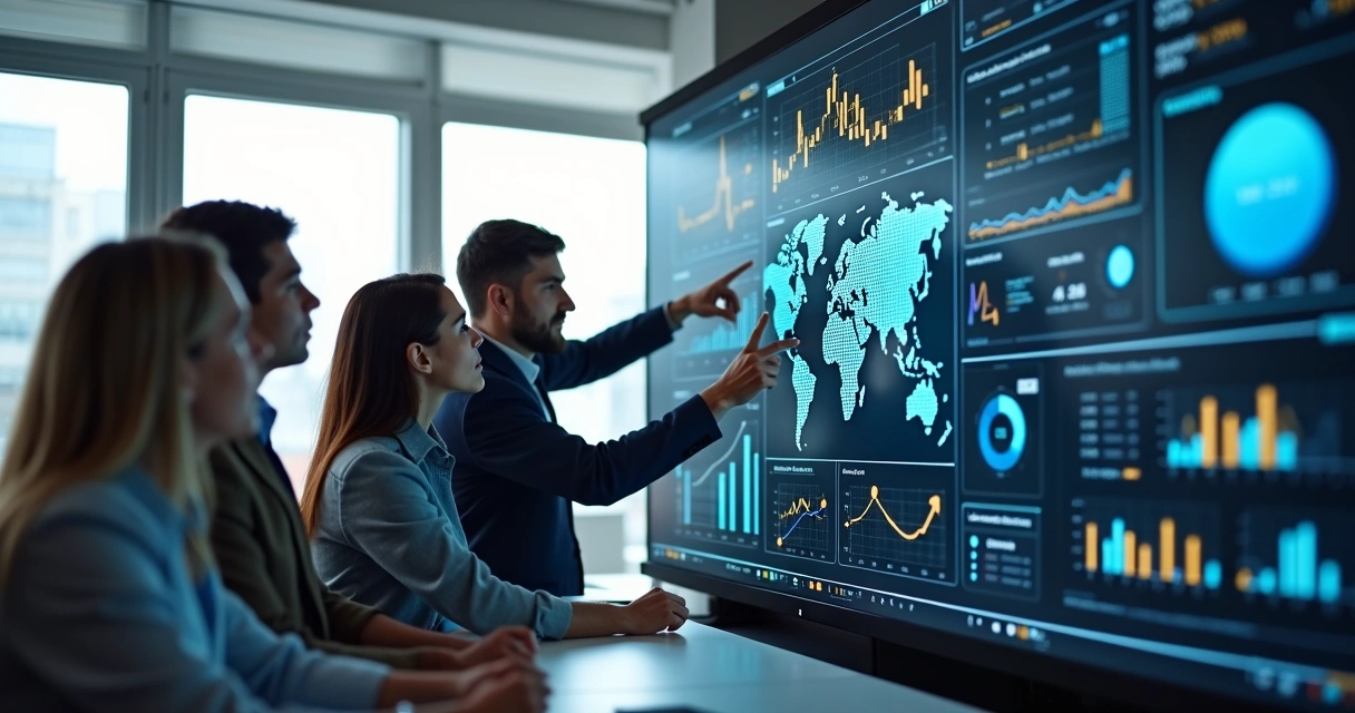 Equipe de vendas analisando gráficos de crescimento e dados em telas digitais em ambiente moderno de escritório
