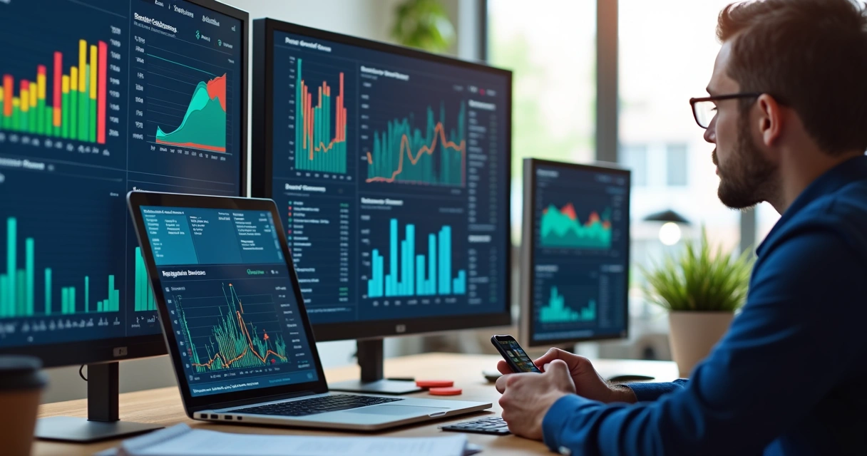 Pessoa analisando gráficos de dados de marketing em múltiplas telas digitais