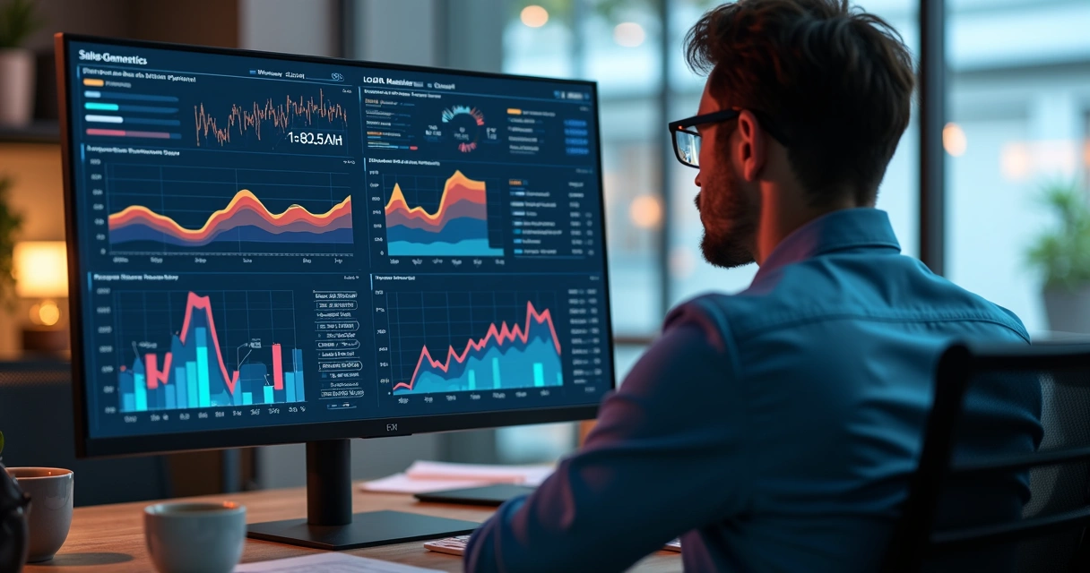 Profissional analisando gráficos e métricas de vendas em tela de computador moderno