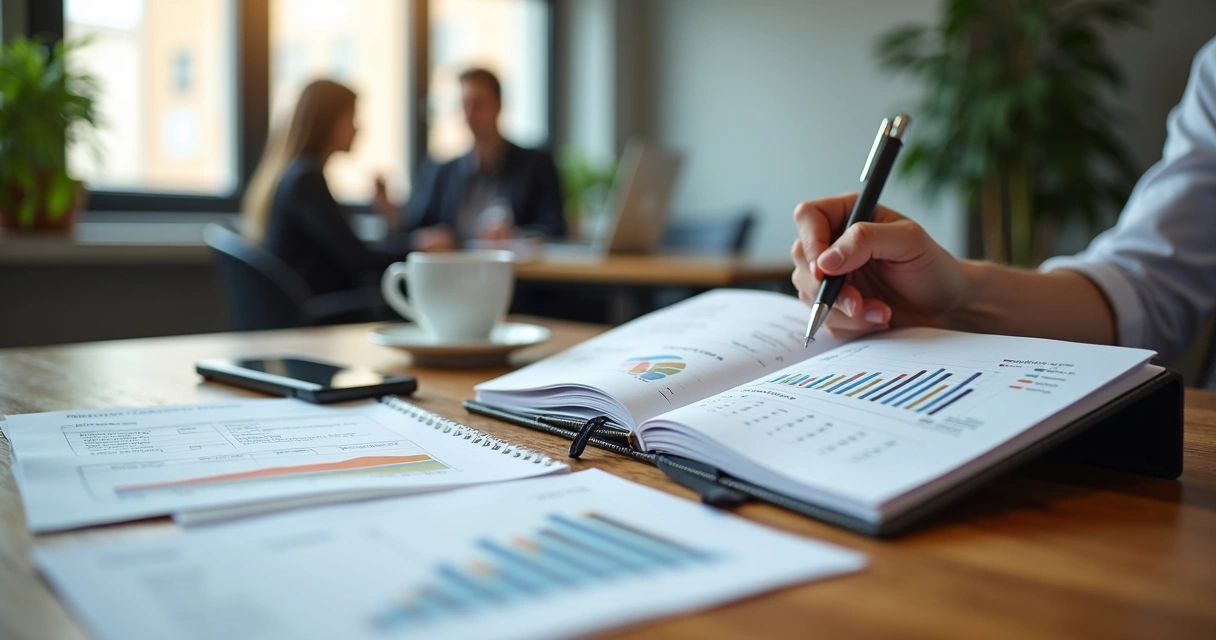 Mesa de trabalho com notebook mostrando gráficos de prospecção B2B, papéis com listas de leads e anotações de cadência de outreach