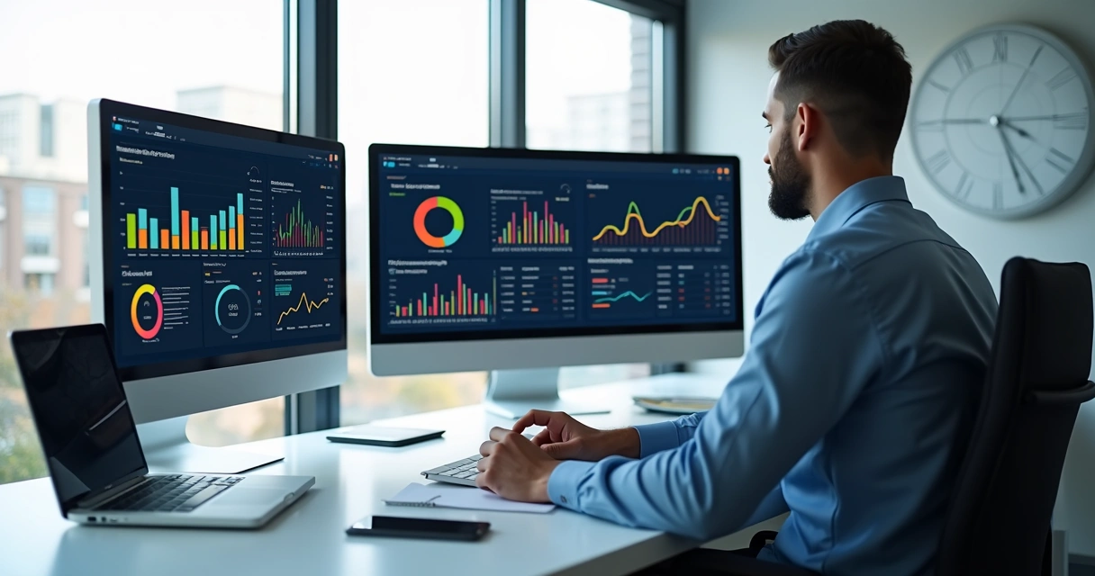 Profissional analisando gráficos e dados de taxa de conversão B2B em tela de computador