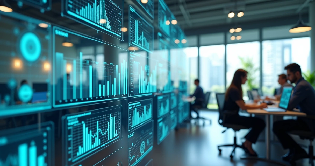 Equipe comercial analisando dados em telas digitais com gráficos e inteligência artificial ativa