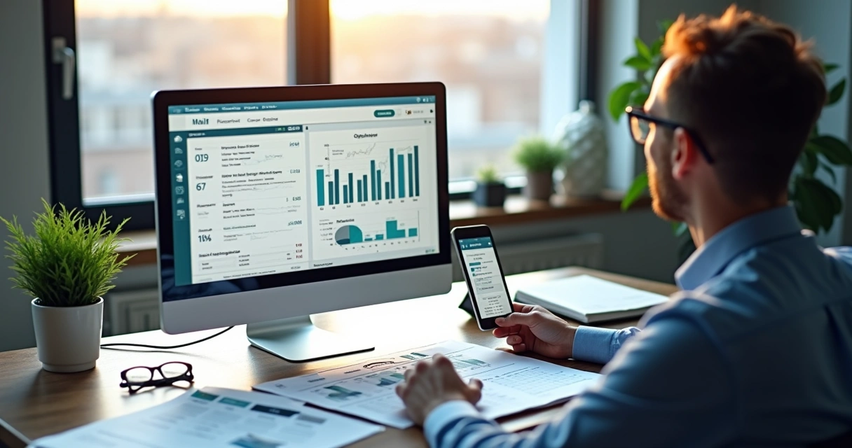 Gráfico detalhado de ROI em prospecção B2B sendo analisado em tela de computador com planilhas e gráficos ao redor