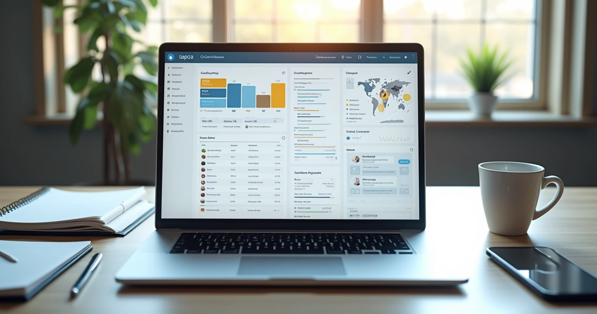 Computador com tela mostrando dashboard de CRM para pré-vendas com gráficos, métricas e listas de contatos atualizadas