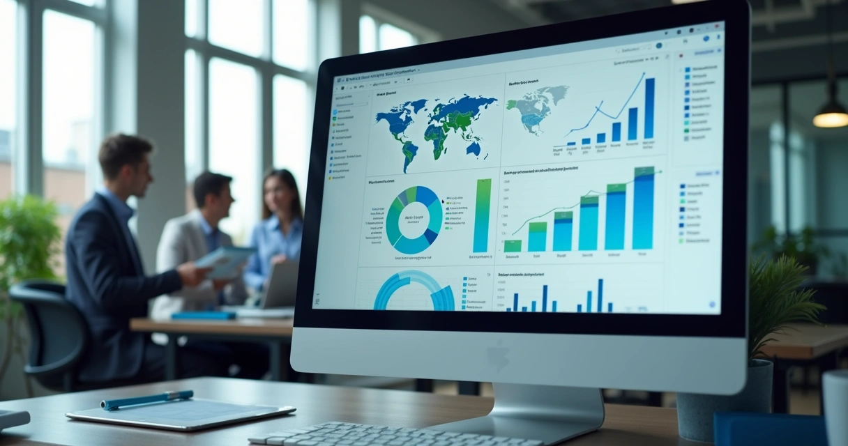 Tela de computador mostrando dashboard com gráficos e dados de saúde em ambiente de escritório moderno
