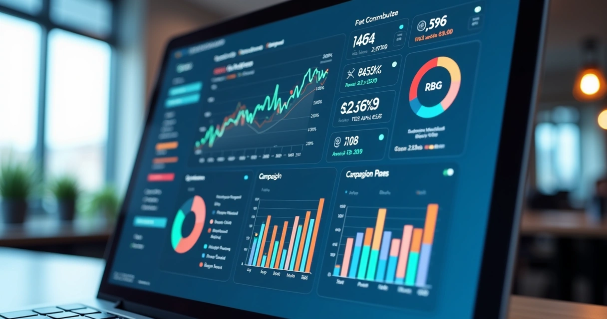Dashboard digital exibindo métricas de CPL, CPA e ROI em serviços com gráficos detalhados e indicadores de desempenho