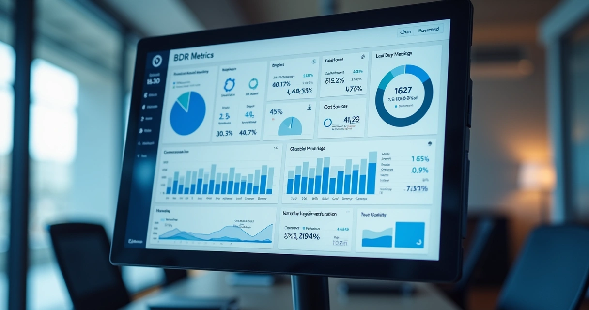 Dashboard digital detalhado mostrando métricas BDR com gráficos e indicadores de desempenho de vendas