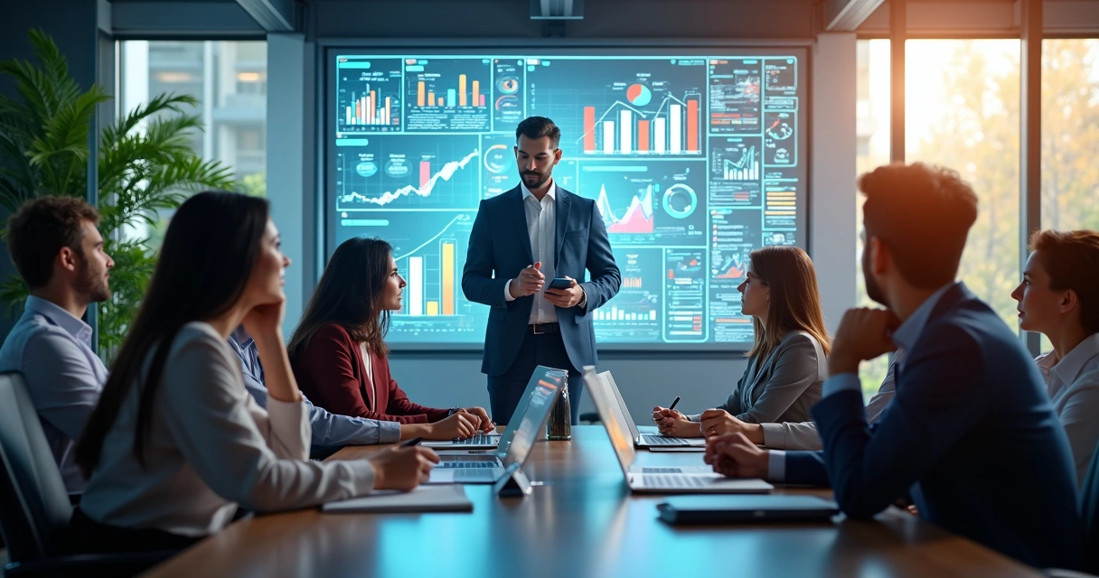 Equipe de profissionais em reunião estratégica com gráficos e dados digitais em tela transparente ao fundo