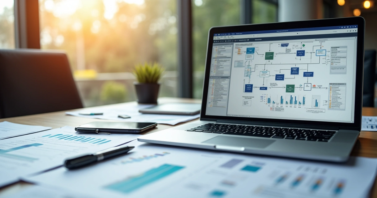 Documento detalhado com fluxogramas e passos para processos de pré-venda em escritório moderno com laptop e planilhas sobre a mesa