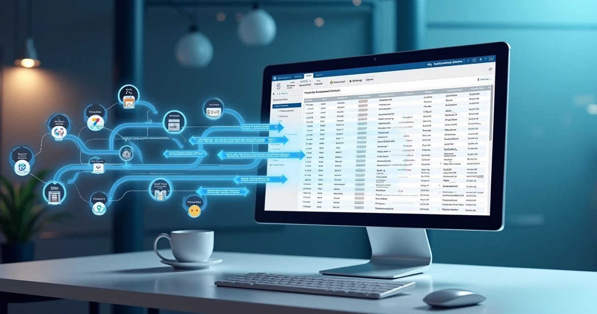 Fluxo automatizado de enriquecimento de dados em CRM com múltiplas fontes e integrações API, mostrando tela de computador com gráficos e contatos empresariais completos