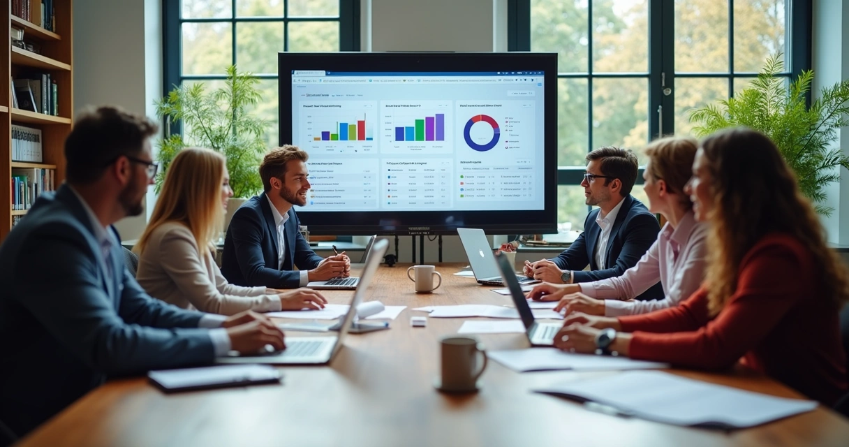 Equipe de vendas analisando listas de leads em computadores em escritório moderno com gráficos de prospecção na tela