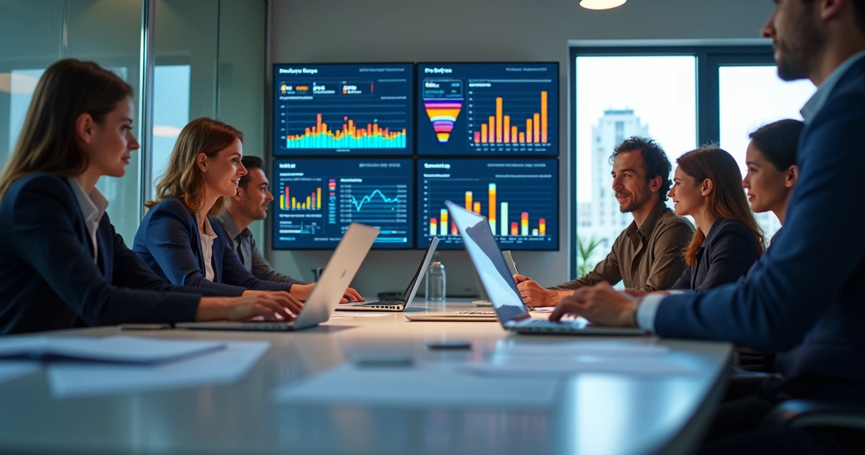 Equipe de vendas analisando métricas de pré-venda em monitores com gráficos e dados detalhados