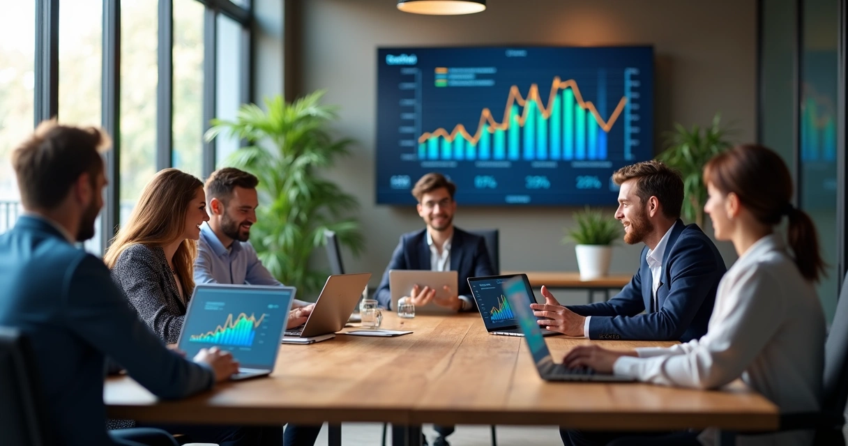 Equipe de vendas B2B em reunião com laptops e gráficos de dados na tela
