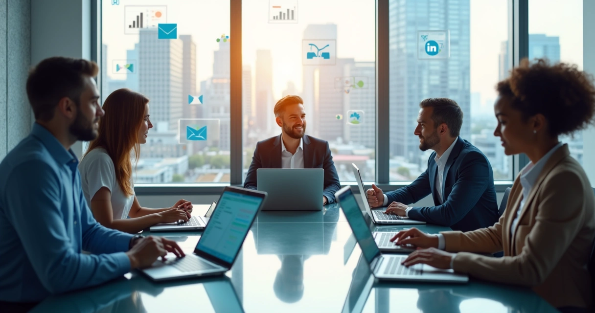 Equipe de vendas em reunião com laptops e tablets discutindo estratégias de prospecção B2B