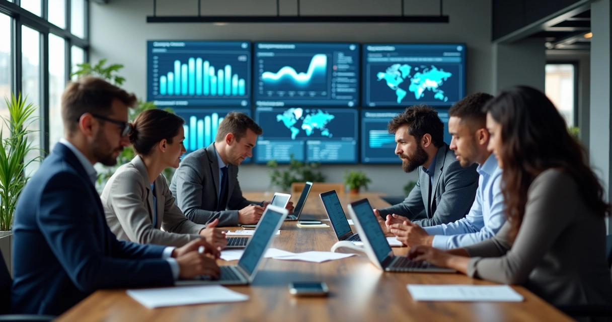 Equipe de vendas em reunião analisando gráficos e dados em laptops e telas ao redor