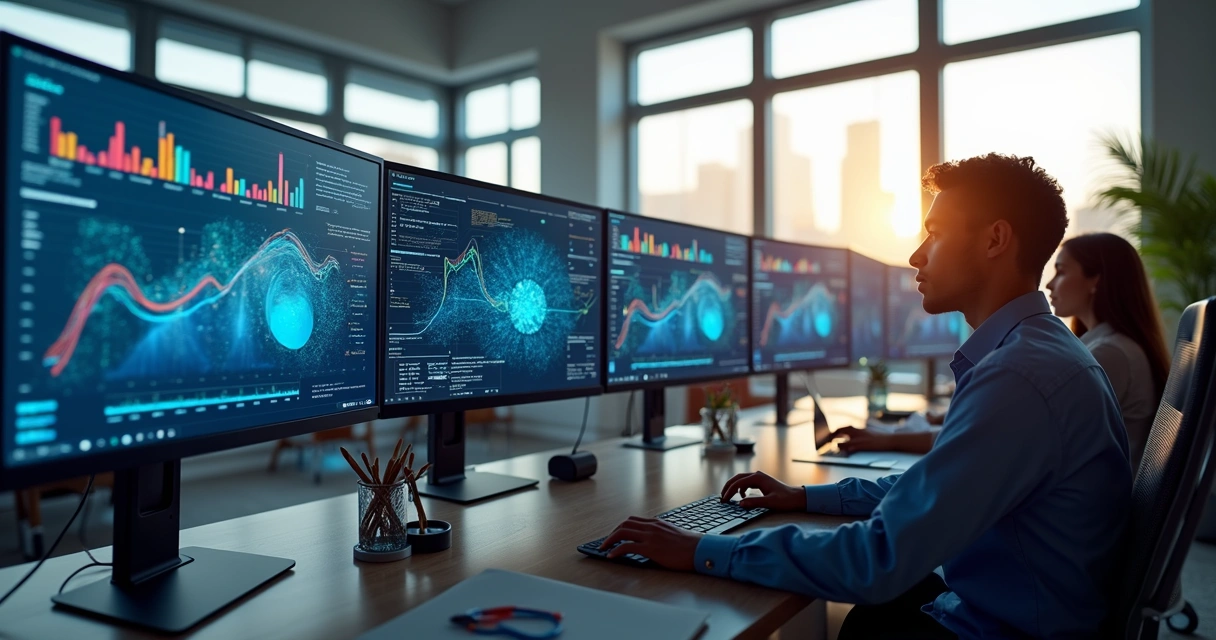 Equipe de pré-vendas trabalhando com computadores em ambiente de escritório moderno, com telas mostrando gráficos, dados e indicadores de inteligência artificial