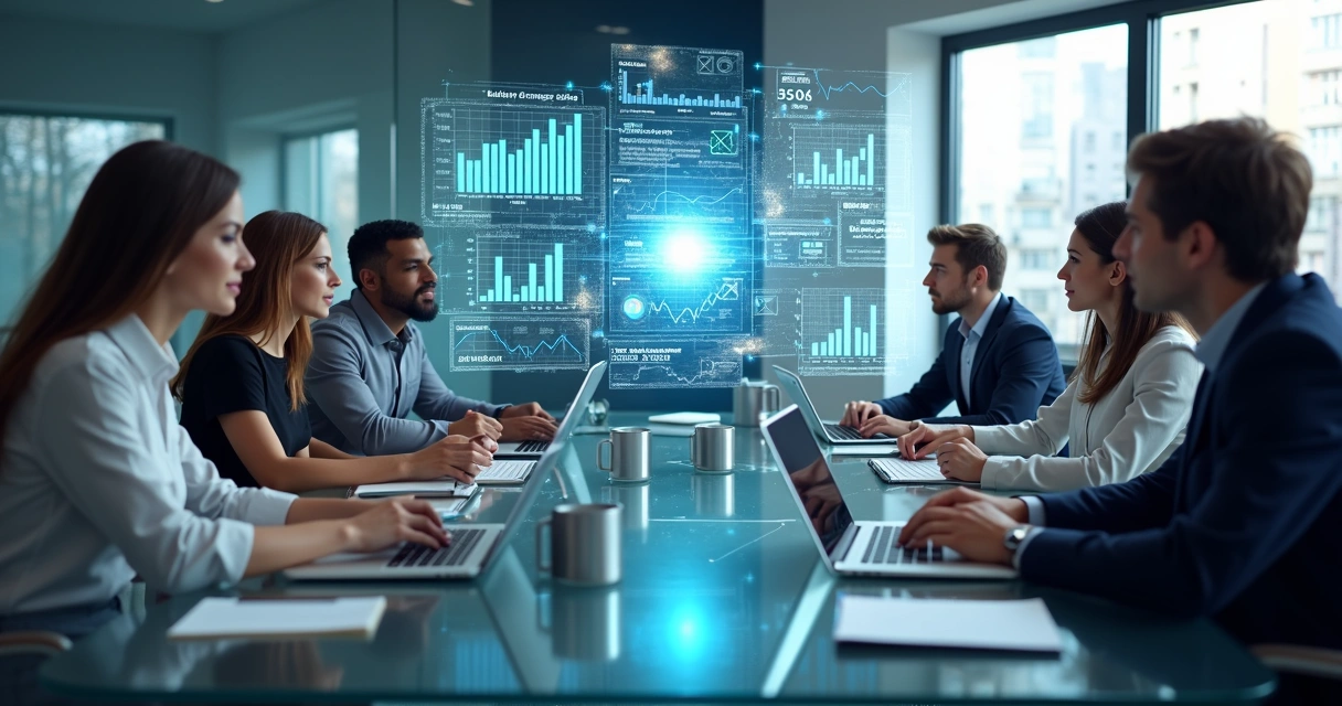Equipe de profissionais analisando gráficos e comparativos de software em telas digitais sobre mesa de vidro