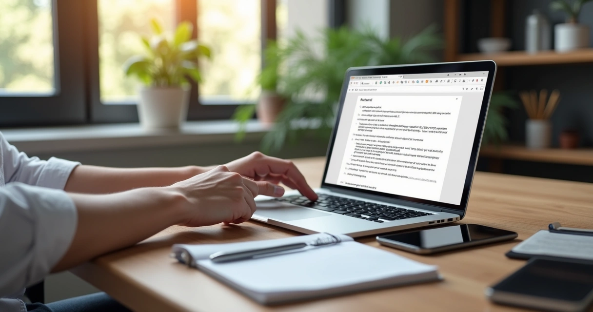 Pessoa escrevendo email profissional em notebook com anotações organizadas na mesa