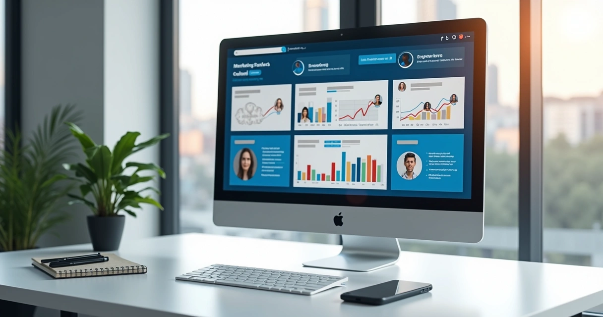 Tela de computador exibindo interface de ferramentas de marketing digital para LinkedIn com gráficos de desempenho e perfis de usuários conectados
