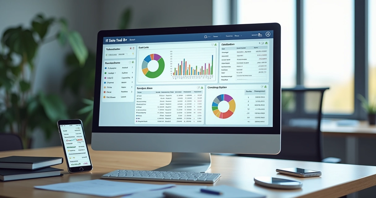 Computador com tela mostrando gráficos de vendas B2B e interface de dados integrados