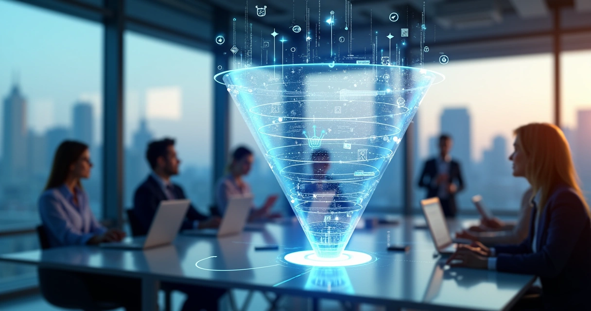 Representação detalhada do funil de vendas pré-venda com etapas de prospecção, qualificação e negociação, em um ambiente corporativo moderno