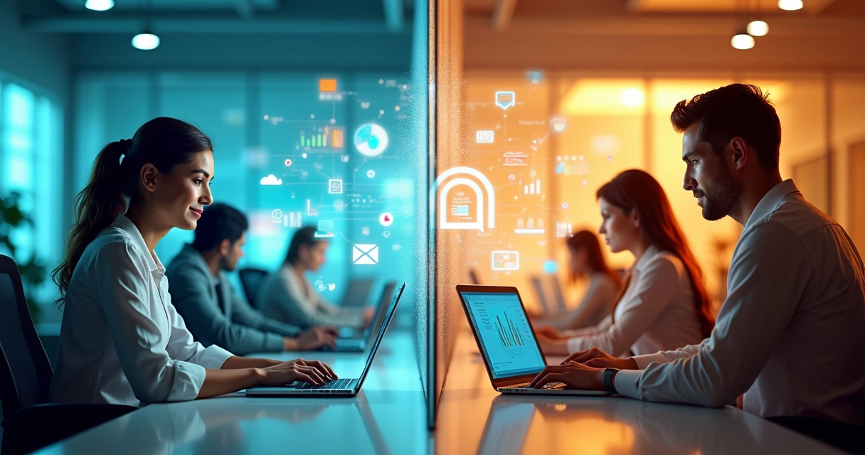 Conceito visual mostrando duas equipes de vendas B2B, inbound e outbound, com gráficos, laptops, ícones de CRM e automação digital entre elas