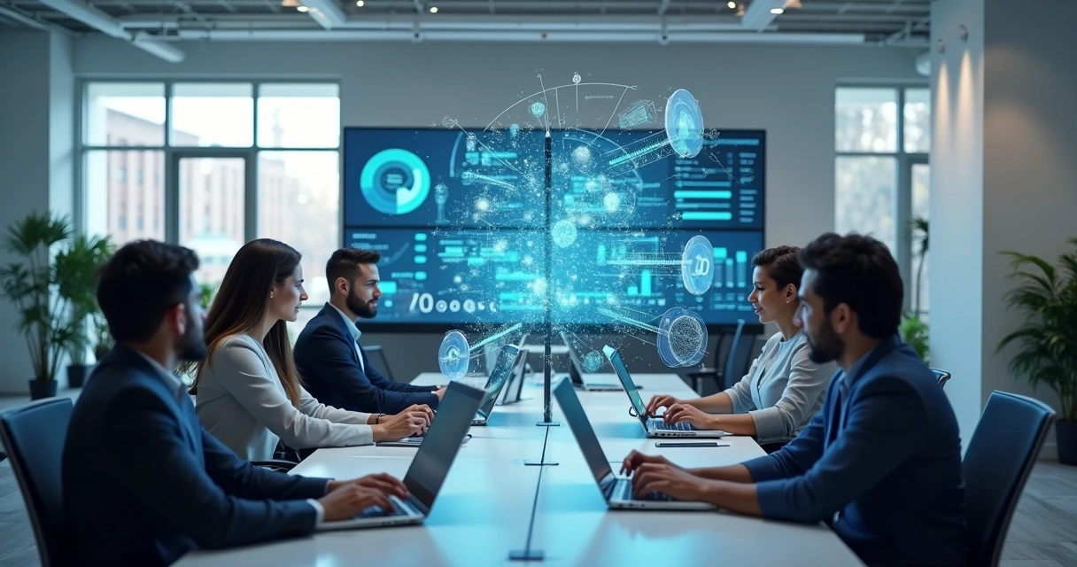 Equipe de pré-vendas em escritório moderno usando computadores e tecnologia avançada para análise de dados com gráficos digitais sobrepostos