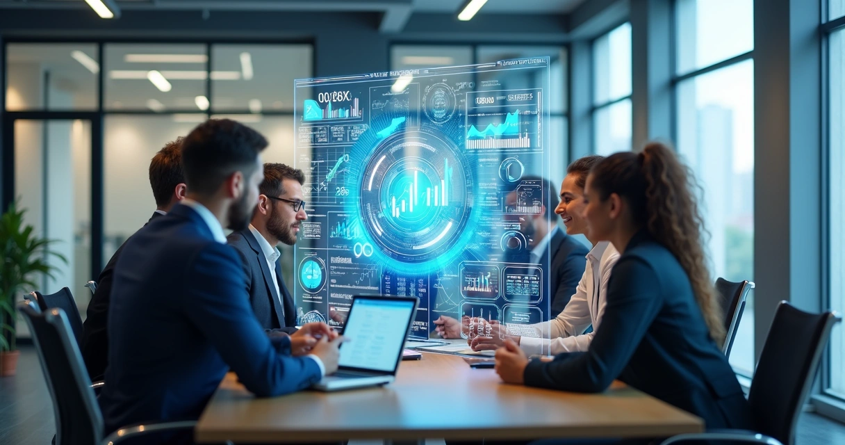 Equipe de vendas analisando dados em tela digital com gráficos e números coloridos